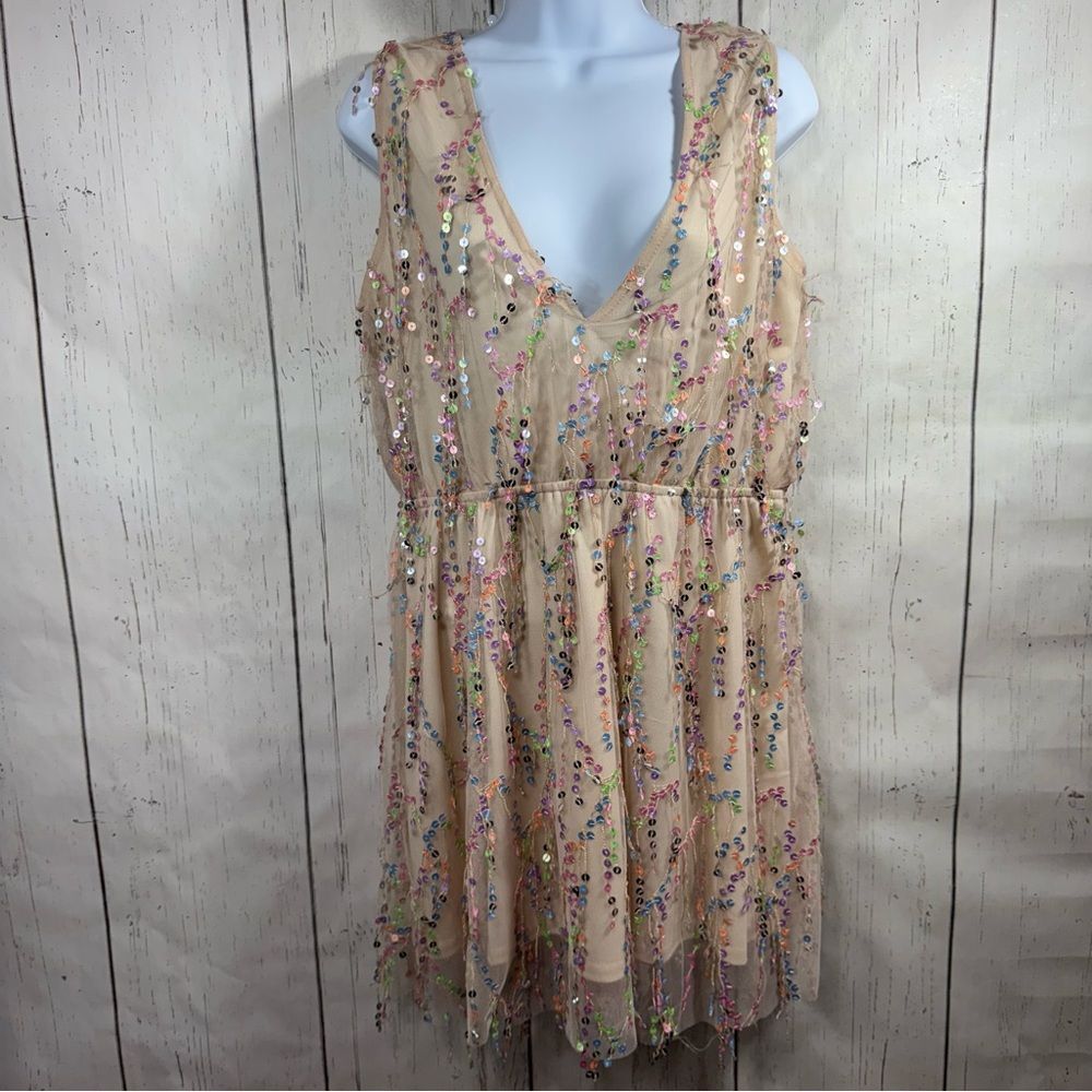 Southern Fried Chics Nude Sequin Embellished Sleeveless Dress Size L Glam Party